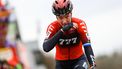 2023-02-18 16:33:12 Dutch Annemarie Worst reacts as she crosses the finish line of the women's race of the Waaslandcross, the last race of the Exact Cross competition, in Sint-Niklaas on February 18, 2023. 
DAVID PINTENS / Belga / AFP