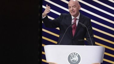 epa12730363 FIFA President Gianni Infantino delivers a speech during the 50th UEFA Ordinary Congress in Brussels, Belgium, 12 February 2026.  EPA/CHRISTOPHER NEUNDORF