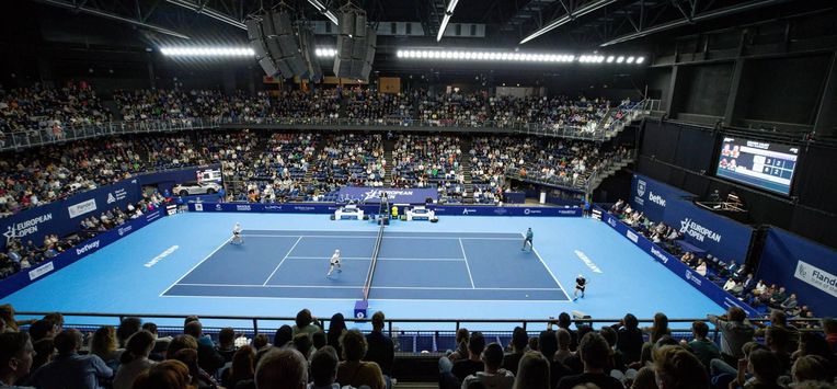 Dutch Tallon Griekspoor and Dutch Botic Van de Zandschulp play against Indian Rohan Bopanna and Dutch Matwe Middelkoop (R) during their men's doubles final match, at the European Open Tennis ATP tournament, in Antwerp, on October 23, 2022.   
DAVID PINTENS / BELGA / AFP