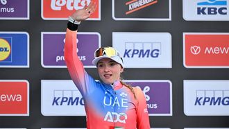 Third-placed Italian Chiara Consonni of Lidl-Trek gestures on the podium after the Cycling World Tour Gent-Wevelgem women's 171,2 km from Ieper to Wevelgem, on March 24, 2024. 
ERIC LALMAND / Belga / AFP