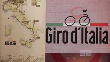 epa01188633 The logo and map of the 91st edition of Giro d'Italia cycling competition are presented in Milan, Italy, 01 December 2007. The race will start on 10 May 2008 and end in Milan on 01 June 2008 with a distance of 3.423 km.  EPA/JENNIFER LORENZINI