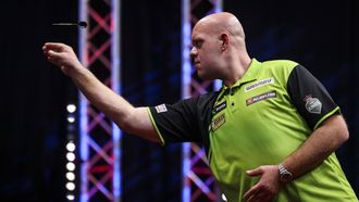 epa11619943 Michael van Gerwen of The Netherlands competes against his compatriot, Gian van Veen in the final of the 2024 PDC European Tour Hungarian Darts Trophy in Budapest, Hungary, 22 September 2024.  EPA/Robert Hegedus HUNGARY OUT