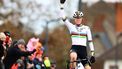 Dutch Fem Van Empel celebrates as she crosses the finish line in the women's elite race at the 'CAPS Urban Cross Kortrijk' cyclocross cycling event, the fourth stage (out of 7) in the Exact Cross 2024-2025 competition, in Kortrijk on November 23, 2024.  
DAVID PINTENS / Belga / AFP