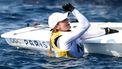 Netherlands' Marit Bouwmeester celebrates, as she is ensured to become gold medallist after race 10 of the women’s ILCA 6 single-handed dinghy event was cancelled, during the Paris 2024 Olympic Games sailing competition at the Roucas-Blanc Marina in Marseille on August 5, 2024.  
Christophe SIMON / AFP