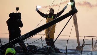 epa11823189 French skipper Charlie Dalin, who sailed his Macif Sante Prevoyance in the 2024/2025 of the Vendee Globe round-the-world solo sailing race celebrates after crossing the finish line and winning the race, at Les Sables d'Olonne, western France, the 14 January 2025.  EPA/Christophe Petit Tesson