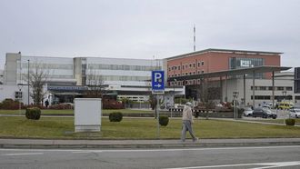 A picture shows the entrance of the Ca' Foncello Hospital in Treviso, near Venice, where US athlete Lindsey Vonn is being treated after she crashed during Women's Downhill yesterday, on February 9, 2026.  
ANDREA PATTARO / AFP