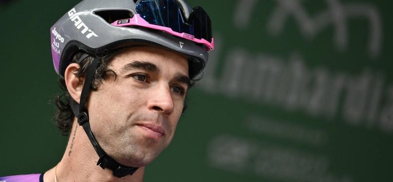 Team Jayco AlUla’s Australian rider	Michael Matthews looks on from the sign-in podium ahead of the 119th edition of the Giro di Lombardia (Tour of Lombardy), a 238km cycling race from Como to Bergamo on October 11, 2025. 
Marco BERTORELLO / AFP