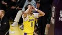 epa12048041 Los Angeles Lakers center Jaxson Hayes reacts to a call made by the referee during the fourth quarter of the first round playoff game between the Minnesota Timberwolves and Los Angeles Lakers in Los Angeles, California, USA, 22 April 2025.  EPA/CAROLINE BREHMAN SHUTTERSTOCK OUT