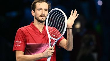 Russia's Daniil Medvedev celebrates after winning his match against Australia's Alex De Minaur at the ATP Finals tennis tournament in Turin on November 12, 2024. 
Marco BERTORELLO / AFP