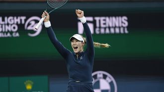 epa11965071 Mirra Andreeva of Russia reacts after winning match point against Iga Swiatek of Poland during the women’s semifinals of the BNP Paribas Open tennis tournament in Indian Wells, California, USA, 14 March 2025.  EPA/JOHN G. MABANGLO