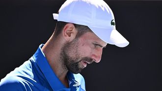 epa11848997 Novak Djokovic of Serbia reacts during a semifinal match of the Australian Open against Alexander Zverev of Germany at Melbourne Park in Melbourne, Australia 24 January 2025.  EPA/JAMES ROSS AUSTRALIA AND NEW ZEALAND OUT