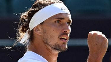 Germany's Alexander Zverev reacts as he plays against US player Taylor Fritz during their men's singles quarter-final tennis match on the tenth day of the 2026 Wimbledon Championships at The All England Lawn Tennis and Croquet Club in Wimbledon, southwest London, on July 8, 2026. 
Kirill KUDRYAVTSEV / AFP
