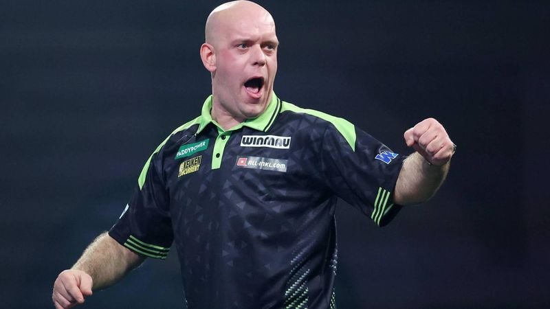 epa12610413 Michael van Gerwen of the Netherlands gestures as he plays against Ireland’s William O'Connor during his second round World Darts Championships match at Alexandra Palace in London, Britain, 23 December 2025. The sporting event runs from 11 December 2025 to 03 January 2026.  EPA/ANDY RAIN
