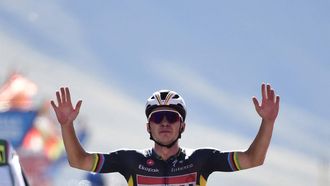 2023-09-09 17:28:50 Team Quick Step's Belgian rider Remco Evenepoel celebrates winning the stage 14 of the 2023 La Vuelta cycling tour of Spain, a 156,2 km race between Sauveterre-de-Bearn and Larra Belagua, on September 9, 2023. 
ANDER GILLENEA / AFP