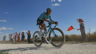 Astana Qazaqstan Team's Russian rider Alexey Lutsenko cycles over a 