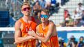 PARIJS - Stefan Boermans en Yorick de Groot in actie tegen Duitsland tijdens de beachvolleybal kwartfinale op de Olympische Spelen. ANP IRIS VAN DEN BROEK