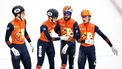 TILBURG - Teun Boer (NED), Jens van 't Wout (NED), Sjinkie Knegt (NED) en Daan Kos (NED) na afloop van de finale van de 5000m relay, op de laatste dag van de Odido Cup World Tour. In het IJssportcentrum vindt de vijfde wereldbekerwedstrijd shorttrack van dit seizoen plaats. ANP SEM VAN DER WAL