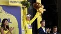 epa12243446 Slovenian rider Tadej Pogacar of UAE Team Emirates XRG celebrates on the podium in the overall leader yellow jersey after winning the 12th stage of the Tour de France cycling race over 180.6km from Auch to Hautacam, France, 17 July 2025.  EPA/MARTIN DIVISEK