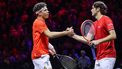 US's Taylor Fritz (R) and US's Ben Shelton (L) of Team World celebrate during their 2024 Laver Cup men's doubles tennis match against Germany’s Alexander Zverev and Spain’s Carlos Alcaraz of Team Europe, in Berlin, on September 20, 2024. 
Ronny Hartmann / AFP