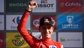 2023-09-14 18:17:58 Team Jumbo-Visma's US rider Sepp Kuss wearing the overall leader's red jersey celebrates on the podium after the stage 18 of the 2023 La Vuelta cycling tour of Spain, a 178,9 km race between Pola de Allande and Puerto de La Cruz de Linares on September 14, 2023. 
MIGUEL RIOPA / AFP