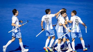AMSTELVEEN - Tomas Domene van Argentinie viert de 3-1 tijdens de wedstrijd op het WK hockey tussen Argentinië en India in het Wagener Stadion. KOEN VAN WEEL / ANP