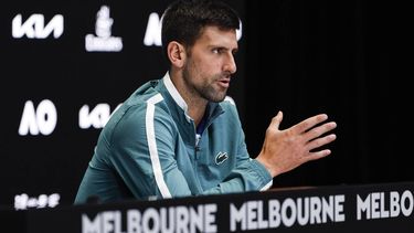 epa11072838 Novak Djokovic of Serbia speaks to media during a press conference ahead of the Australian Open 2024, at Melbourne Park in Melbourne, Australia, 13 January 2024.  EPA/MAST IRHAM