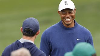 2023-04-03 08:47:27 epa10556997 Tiger Woods of the US (R) and Rory McIlroy of Northern Ireland (L) on the tenth hole during the first practice round of the Masters Tournament at the Augusta National Golf Club in Augusta, Georgia, USA, 03 April 2023. The Augusta National Golf Club will hold the Masters Tournament from 06 April through 09 April 2023.  EPA/JOHN G. MABANGLO