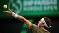 Norway's Casper Ruud serves the ball to Canada's Denis Shapovalov (not in Picture) during the semi-final of the BNP Paribas Nordic Open tennis tournament at the Royal Swedish Tennis Hall in Stockholm, Sweden, on October 18, 2025.
 
Magnus LEJHALL / TT NEWS AGENCY / AFP