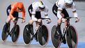 Netherlands' Tijmen Van Loon (L), Netherlands' Harrie Lavreysen and Netherlands' Roy Van Den Berg compete in the men's team sprint qualifying round during the first day of the UEC European Track Cycling Championships at the Omnisport indoor arena in Apeldoorn, on January 10, 2024. 
JOHN THYS / AFP