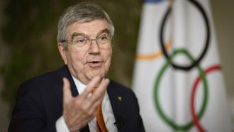 IOC President Thomas Bach speaks during an interview with AFP ahead of the Paris 2024 Olympic Games at the IOC headquarters in Lausanne on April 26, 2024. 
GABRIEL MONNET / AFP