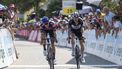 epa12185629 Winner Oscar Onley (L) from Britian of Team Picnic PostNL and second placed Joao Almeida from Portugal of UAE Team Emirates cross the finish line during the fifth stage of the Tour de Suisse cycling race, over 183.8km from La Punt to Santa Maria in Calanca, Switzerland, 19 June 2025.  EPA/GIAN EHRENZELLER