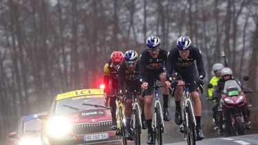 (From R) Red Bull - BORA - hansgrohe's Dutch rider Tim van Dijke, Red Bull - BORA - hansgrohe's Dutch rider Mick van Dijke, Red Bull - BORA - hansgrohe's Colombian rider Daniel Felipe Martínez and Team Visma - Lease a Bike's Danish rider Jonas Vingegaard lead the 4th stage of the Paris-Nice cycling race, 195 km between Bourges and Uchon, on March 11, 2026. 
Anne-Christine POUJOULAT / AFP