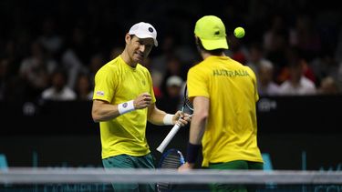 Matthew Ebden (L) and Jordan Thompson of Team Australia react as they play against Tommy Paul and Ben Shelton of Team USA during their quarter-final doubles match between USA and Australia at the Davis Cup Finals at the Palacio de Deportes Jose Maria Martin Carpena arena in Malaga, southern Spain, on November 21, 2024. 
Thomas COEX / AFP