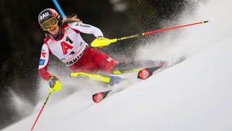 Austria's Katharina Liensberger competes during the first run of the women's slalom event of the FIS Alpine Ski World Cup in Semmering, Austria on December 28, 2025. 
GEORG HOCHMUTH / APA / AFP