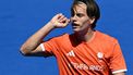 Netherlands' forward #51 Duco Telgenkamp celebrates scoring his team's fourth goal in the men's semi-final field hockey match between Netherlands and Spain during the Paris 2024 Olympic Games at the Yves-du-Manoir Stadium in Colombes on August 6, 2024. 
Arun SANKAR / AFP