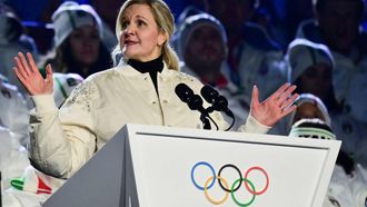 President of the International Olympic Committee (IOC) Kirsty Coventry delivers a speech at the closing ceremony of the Milano Cortina 2026 Winter Olympic Games at the Verona Arena in Verona, northern Italy, on February 22, 2026. 
Stefano RELLANDINI / AFP
