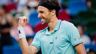 epa12443988 Arthur Rinderknech of France celebrates after winning his Men's Quarterfinals Singles match against Felix Auger-Aliassime of Canada at the Shanghai Masters tennis tournament in Shanghai, China, 10 October 2025.  EPA/ALEX PLAVEVSKI