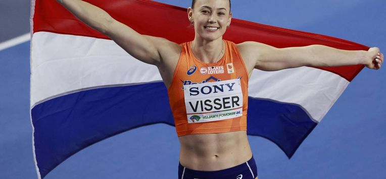 Second placed Netherlands' Nadine Visser celebrates after competing in the women's final 60 metres hurdles event during the World Athletics Indoor Championships Kujawy Pomorze 2026 in Torun, Poland on March 22, 2026. 
Wojtek RADWANSKI / AFP