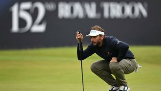 Netherland's Joost Luiten lines up a putt on the 18th green on the opening day of the 152nd British Open Golf Championship at Royal Troon on the south west coast of Scotland on July 18, 2024. 
Paul ELLIS / AFP