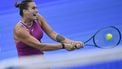 Belarus's Aryna Sabalenka hits a return to Poland’s Magdalena French during their women’s singles quarter-final match at the Wuhan Open tennis tournament in Wuhan, China's Hubei province on October 11, 2024. 
WANG Zhao / AFP