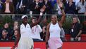 epa13027066 US tennis player Serena Williams (R) celebrates with Victoria Mboko (L) of Canada after winning their doubles match against Nicole Melichar-Martinez of the US and Erin Routliffe of New Zealand at the HSBC Tennis Championships at Queens Club in London, Britain, 09 June 2026.  EPA/ANDY RAIN
