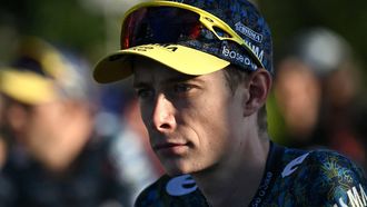 Team Visma - Lease a Bike team's Danish rider Jonas Vingegaard looks on during the team presentation for the 111th edition of the Tour de France cycling race, in Florence in Italy, on June 27, 2024. 
Marco BERTORELLO / AFP