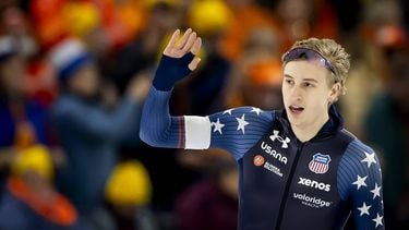 HEERENVEEN - Jordan Stolz (USA) in actie op de 500 meter allround mannen tijdens de derde dag van de WK allround en sprint in ijsstadion Thialf. SEM VAN DER WAL / ANP