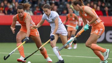2023-07-01 02:00:00 Belgium's Alexia Serstevens (C) fights for the ball with Netherlands' Rosa Fernig (L) and Felice Albers (R) during the women's field hockey match between Belgium and Netherlands in Antwerp on July 1, 2023, match 9/12 in the group stage of the 2023 Women's FIH Pro League. 
VIRGINIE LEFOUR / Belga / AFP