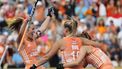 2023-08-26 15:18:46 epa10821382 Netherlands Joosje Burg (C) celebrates with teammates after scoring the 3-1 lead during the women’s final match Netherlands vs Belgium at the EuroHockey Championships 2023 in Moenchengladbach, Germany, 26 August 2023.  EPA/RONALD WITTEK