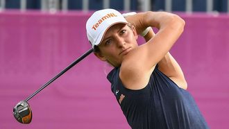 Netherlands' Anne Van Dam watches her drive from the 1st tee in round 1 of the women’s golf individual stroke play during the Tokyo 2020 Olympic Games at the Kasumigaseki Country Club in Kawagoe on August 4, 2021. 
Kazuhiro NOGI / AFP