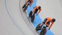 Netherlands' Jeffrey Hoogland, Harrie Lavreysen and Roy Van den Berg compete in the men's team sprint qualifying during the 2025 UCI Track World Championships at the Peñalolen Velodrome, in Santiago, on October 22, 2025. 
Javier TORRES / AFP