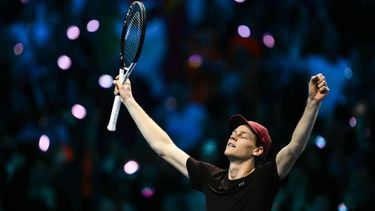 Italy's Jannik Sinner celebrates after winning over Spain's Carlos Alcaraz at the end of the men's single final match at the ATP Finals tennis tournament, in Turin, on November 16, 2025. 
Marco BERTORELLO / AFP