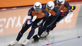 epa11159461 Chris Huizinga, (L-R) Marcel Bosker and Beau Snelllink of the Netherlands compete in the Men’s Team Pursuit event at the ISU World Speed Skating Single Distances Championships in Calgary, Canada, 16 February 2024.  EPA/TODD KOROL