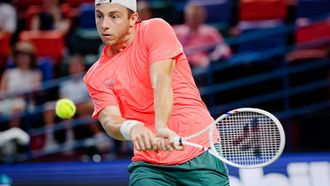 epa12437449 Tallon Griekspoor of Netherlands in action during his Men's Singles round of 16 match against Valentin Vacherot of Monaco at the Shanghai Masters tennis tournament in Shanghai, China, 07 October 2025.  EPA/ALEX PLAVEVSKI